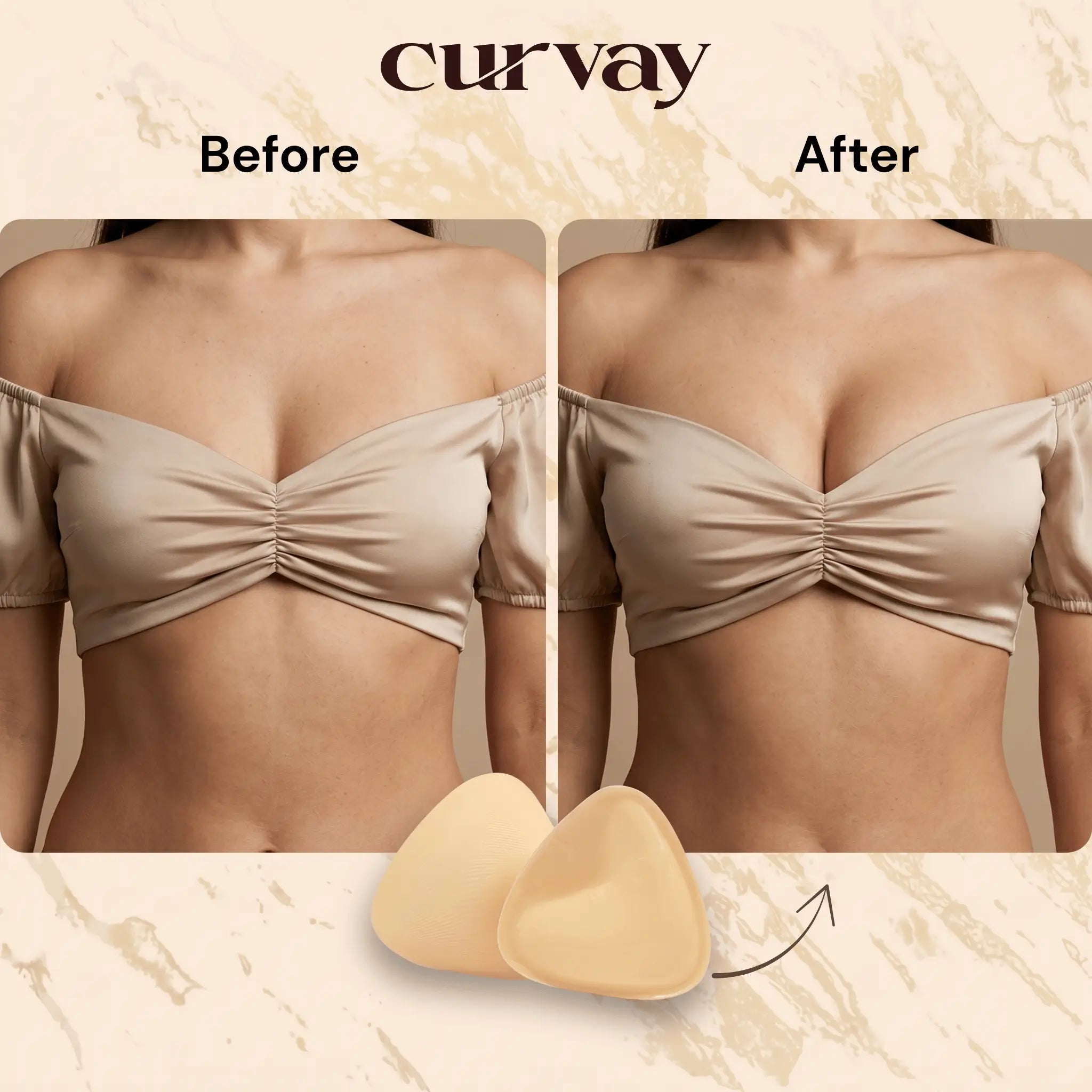 Before and after comparison of a woman wearing a beige top with Curvay breast pads.