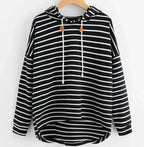 Women's Autumn Hoodie with Stripe Pattern, Kangaroo Pocket and Adjustable Hood - Black
