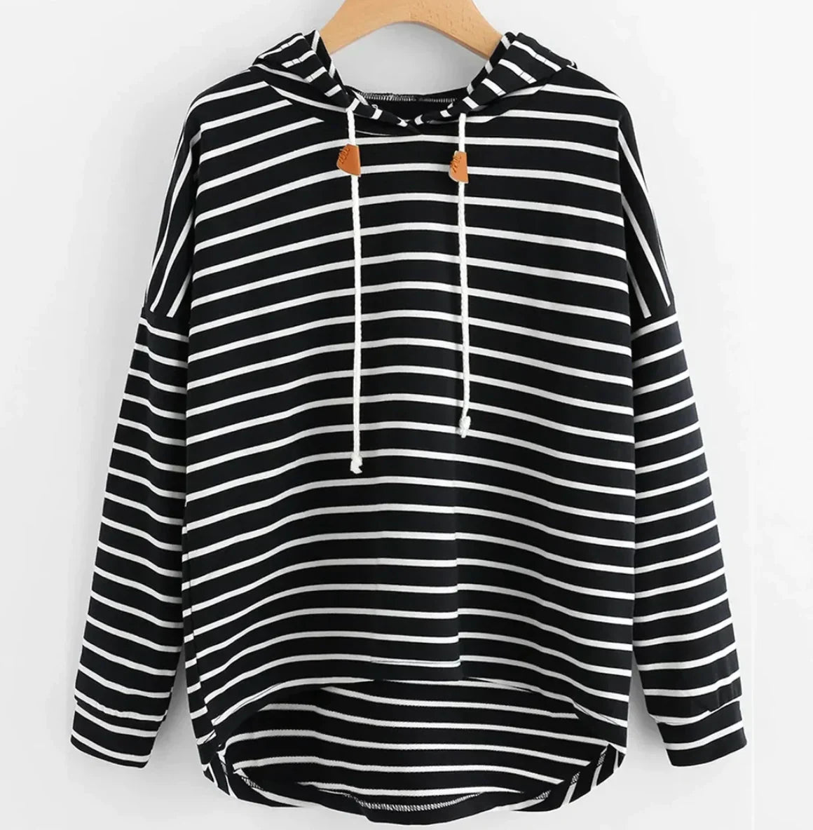 Women's Autumn Hoodie with Stripe Pattern, Kangaroo Pocket and Adjustable Hood - Black