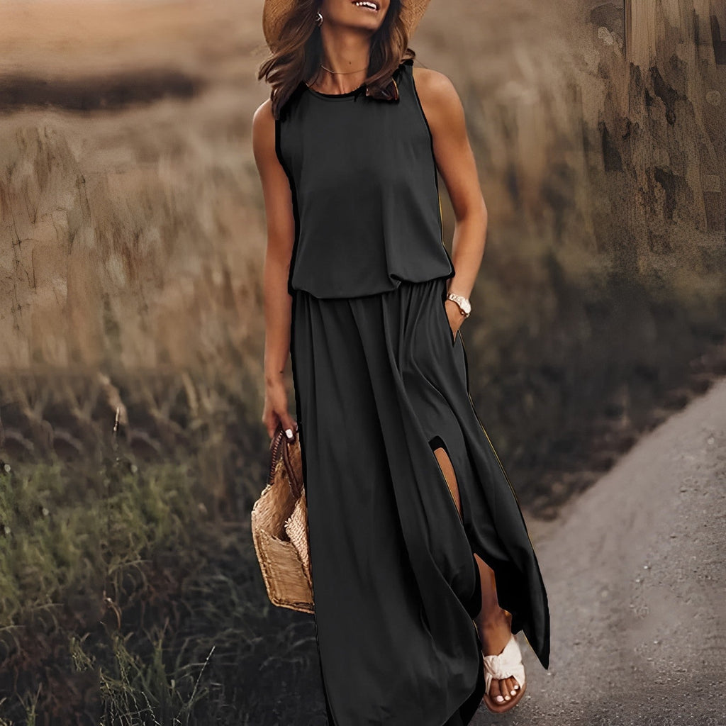 Women's Summer Maxi Dress, Sleeveless, Retro Pattern, Flowing Cut - Black