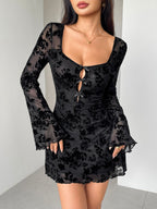 Sheer Lace Tie-Front Sculpt Mini Dress