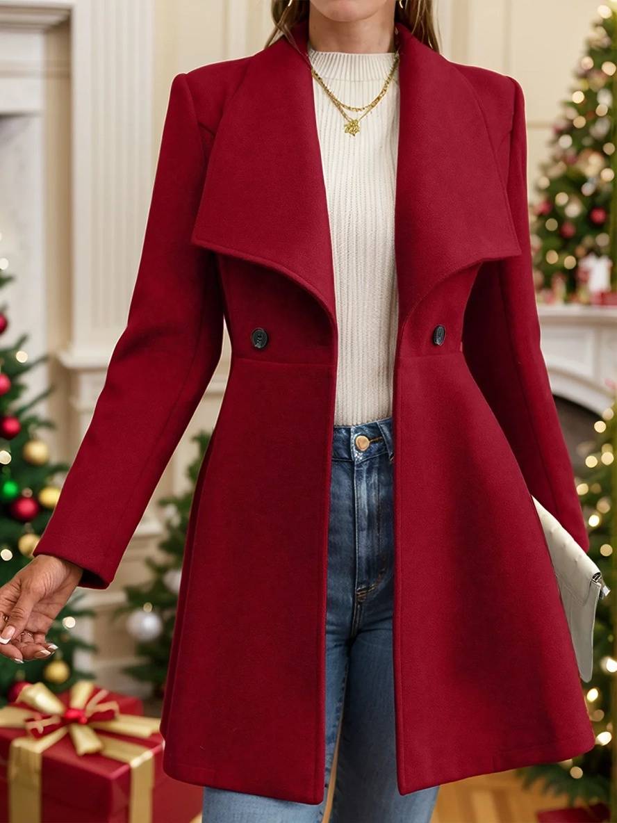 Mittelanger Wollmantel Einfarbig mit Knöpfen, mit Reverskragen, Langen Ärmeln, Elegante, Lässige Jacke für Frauen