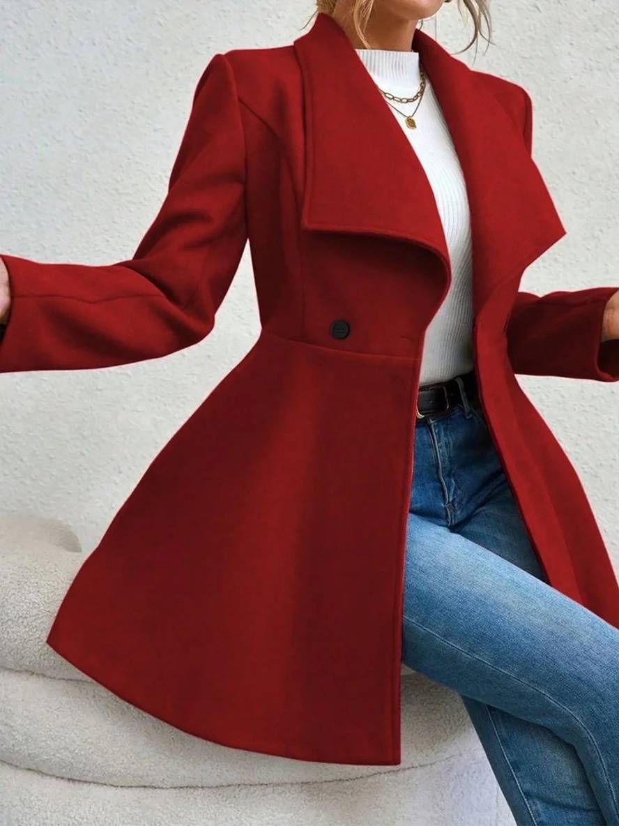 Mittelanger Wollmantel Einfarbig mit Knöpfen, mit Reverskragen, Langen Ärmeln, Elegante, Lässige Jacke für Frauen