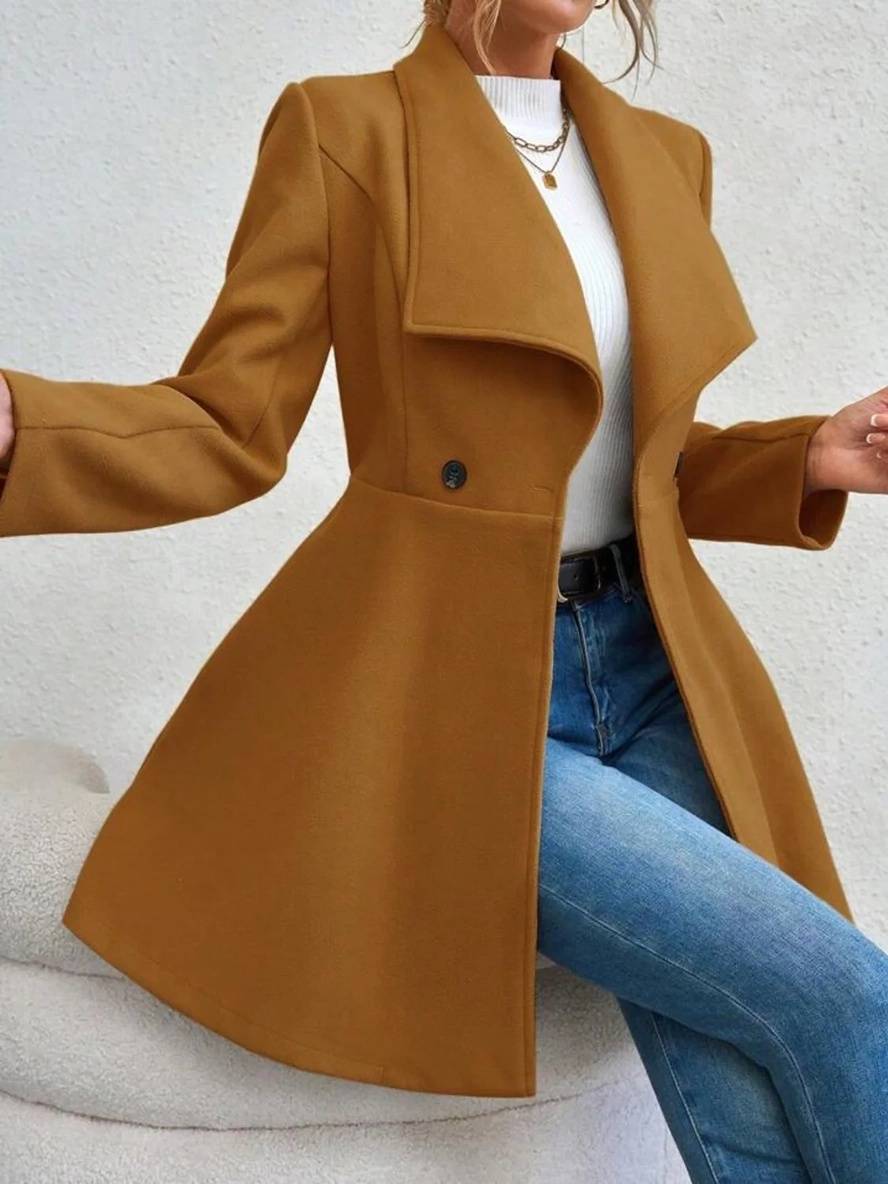 Mittelanger Wollmantel Einfarbig mit Knöpfen, mit Reverskragen, Langen Ärmeln, Elegante, Lässige Jacke für Frauen