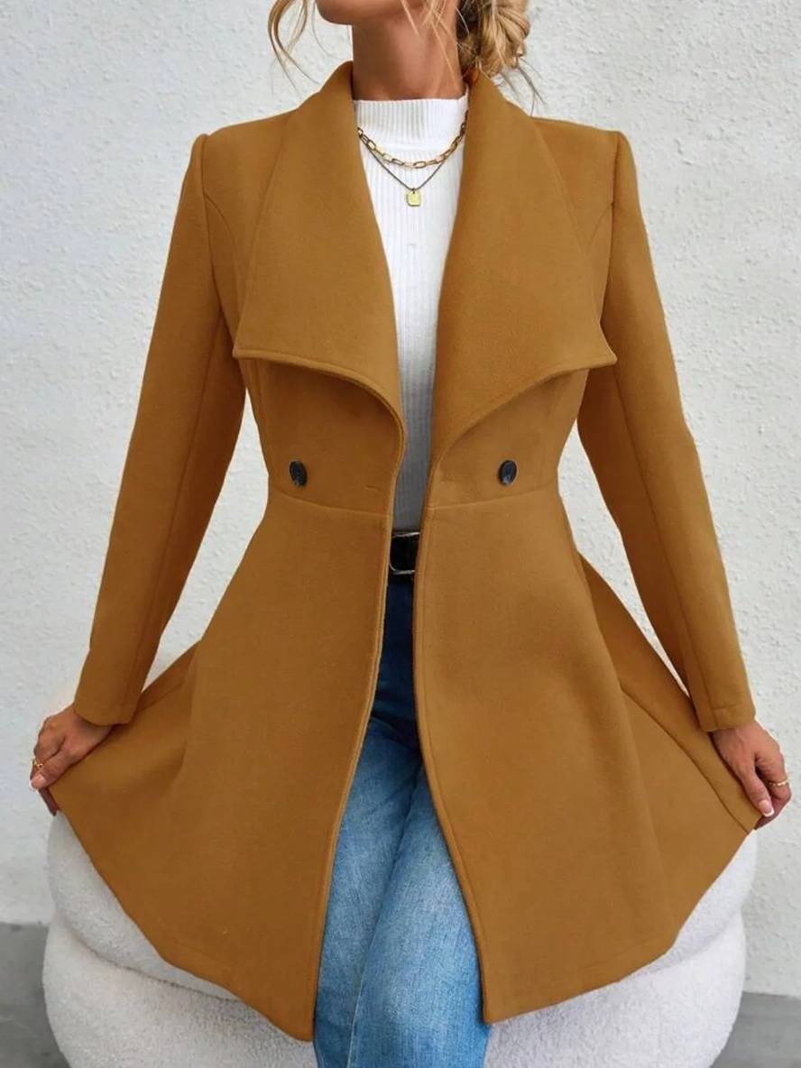 Mittelanger Wollmantel Einfarbig mit Knöpfen, mit Reverskragen, Langen Ärmeln, Elegante, Lässige Jacke für Frauen