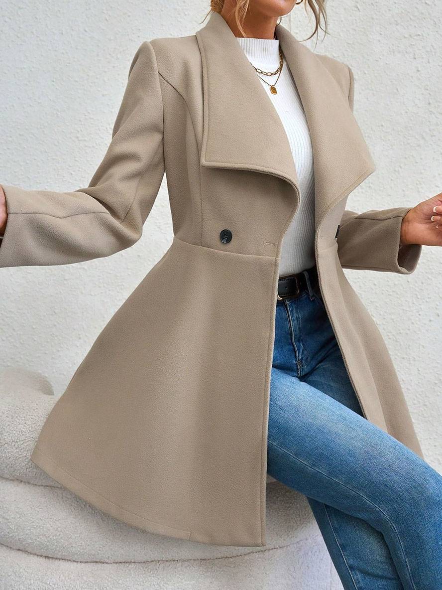 Mittelanger Wollmantel Einfarbig mit Knöpfen, mit Reverskragen, Langen Ärmeln, Elegante, Lässige Jacke für Frauen