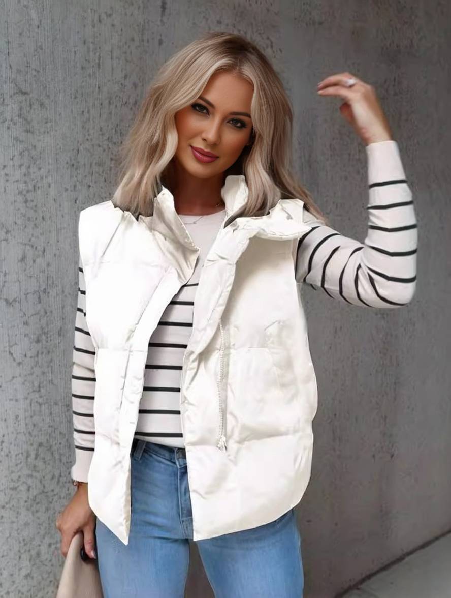 Kurze Einfarbige Daunenjacke mit Reißverschlusstaschen Ärmellos Damen Elegant Casual Winterweste