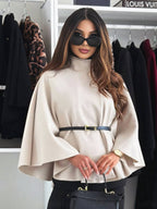 Women's Poncho Jacket for Autumn with Belt and Batwing Sleeves - Khaki