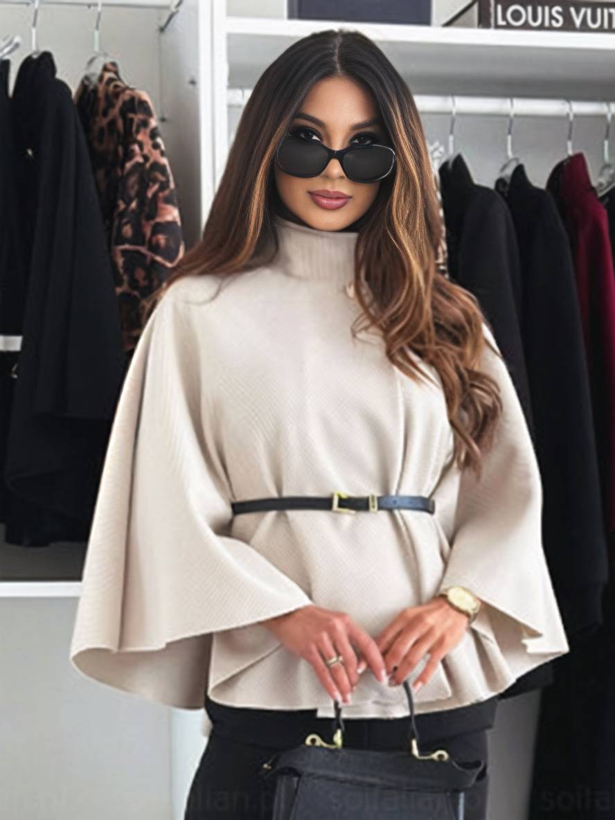 Women's Poncho Jacket for Autumn with Belt and Batwing Sleeves - Khaki