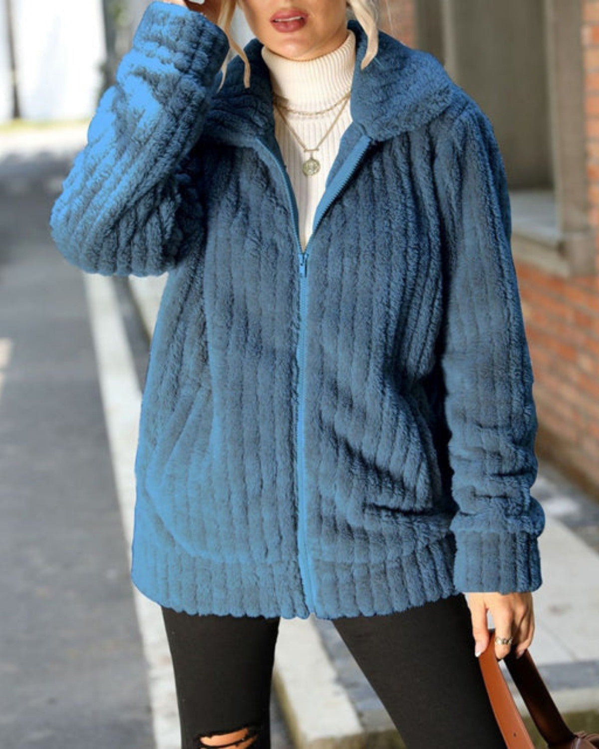 Women's Winter Plush Jacket with Zipper - Blue