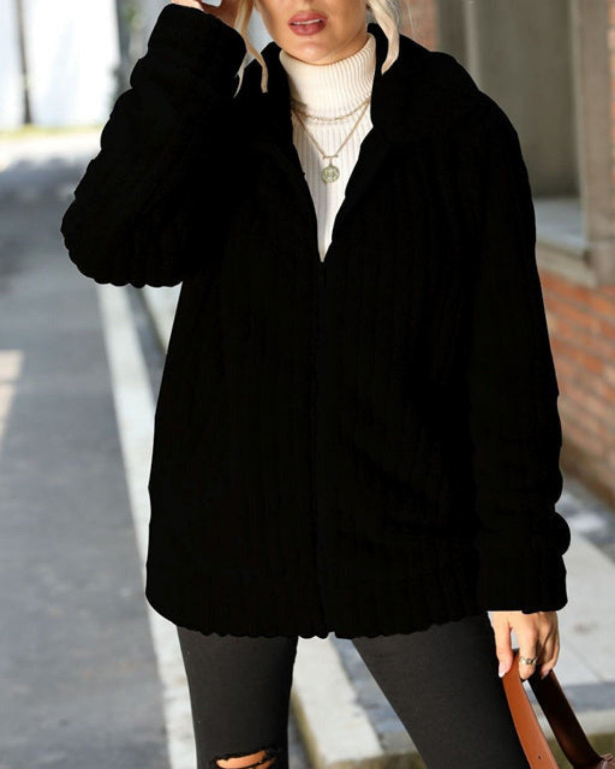 Women's Winter Plush Jacket with Zipper - Black