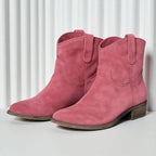Women's Ankle Boots with Western Embroidery and Block Heel - Pink
