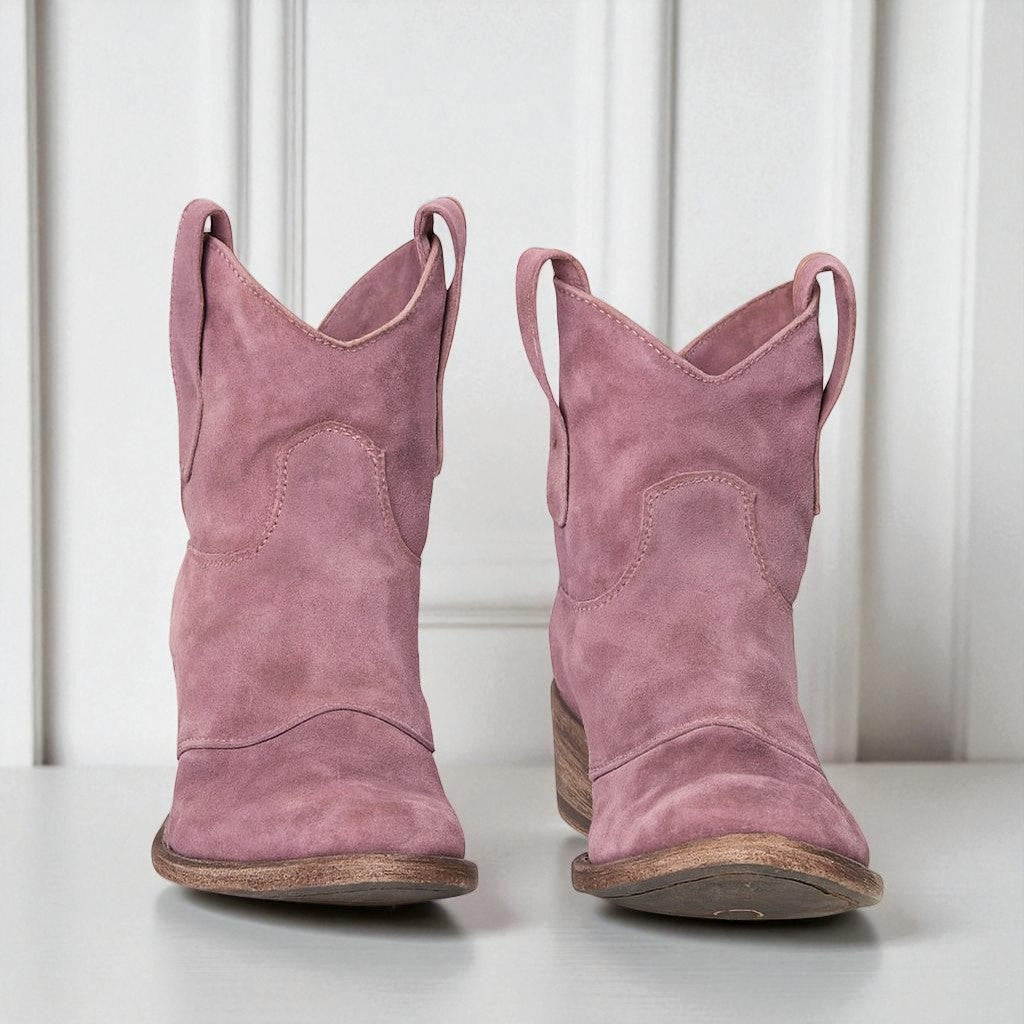 Women's Ankle Boots with Western Embroidery and Block Heel - Violet