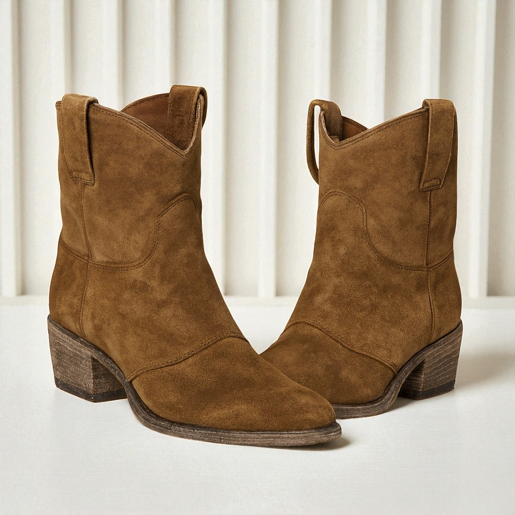 Women's Ankle Boots with Western Embroidery and Block Heel - Brown