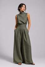 Damen Premium Leinen Zweiteiler mit weitem Bein Sommer Mode