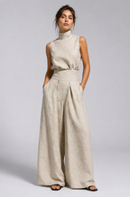 Damen Premium Leinen Zweiteiler mit weitem Bein Sommer Mode