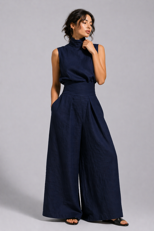 Damen Premium Leinen Zweiteiler mit weitem Bein Sommer Mode