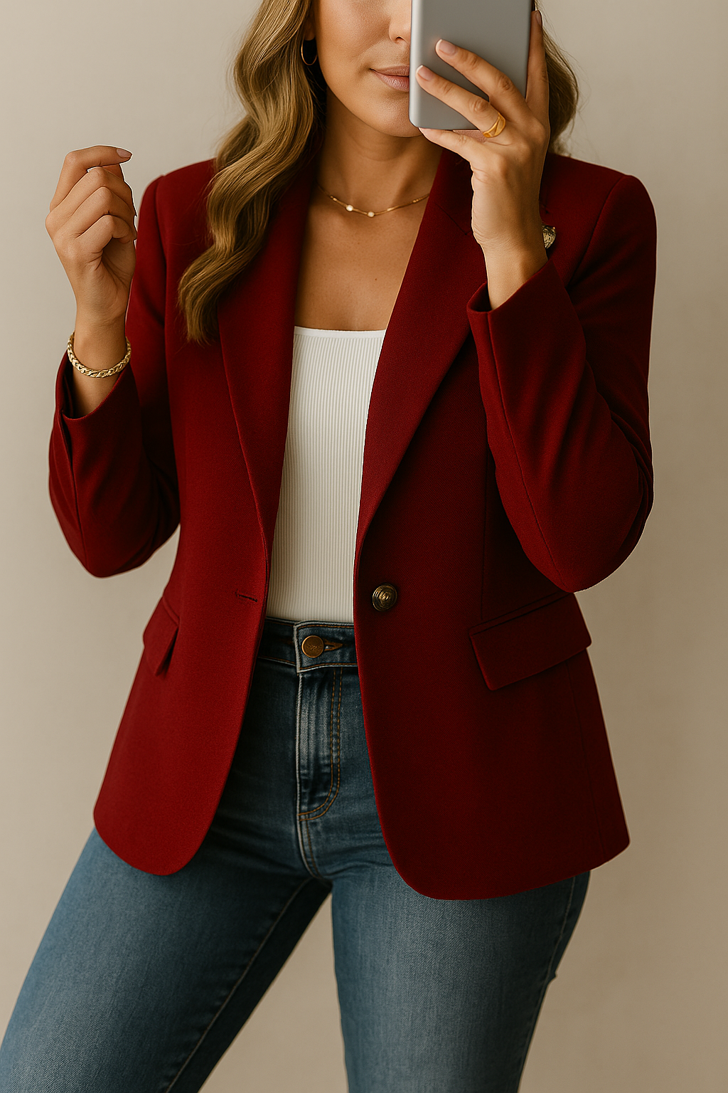 Women's Blazer with Single-Button Closure and Flap Pockets - Wine Red