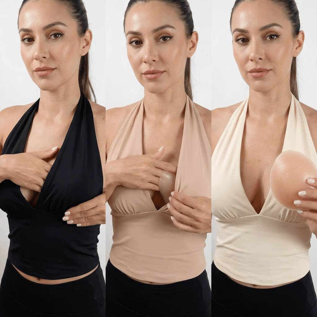 Three women wearing different color shapewear against a white background