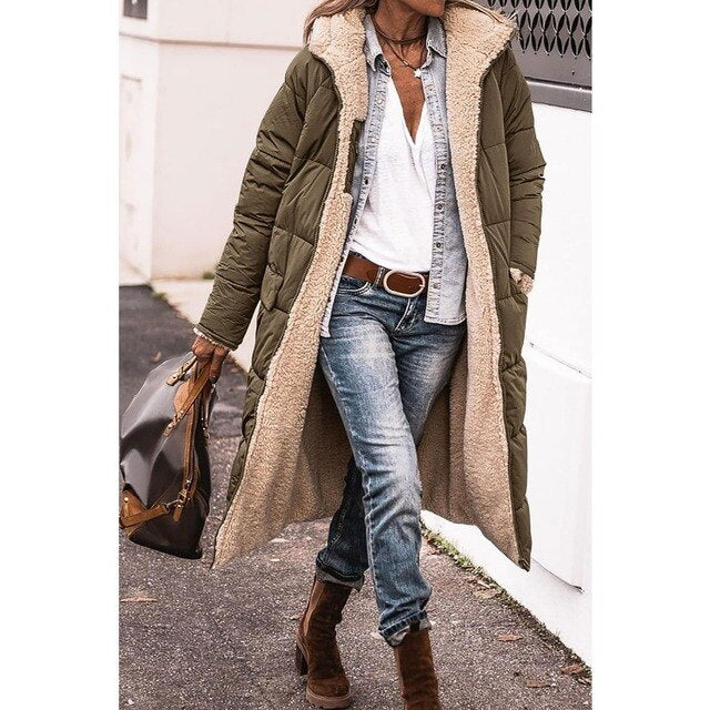 Long Sherpa-Lined Winter Puffer Jacket with Detachable Hood | Perfect for Cold Months - Army Green