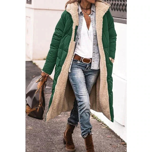 Long Sherpa-Lined Winter Puffer Jacket with Detachable Hood | Perfect for Cold Months - Green