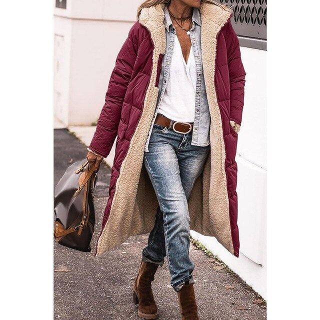 Long Sherpa-Lined Winter Puffer Jacket with Detachable Hood | Perfect for Cold Months - Burgundy
