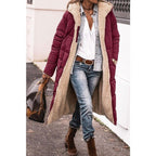 Long Sherpa-Lined Winter Puffer Jacket with Detachable Hood | Perfect for Cold Months - Burgundy
