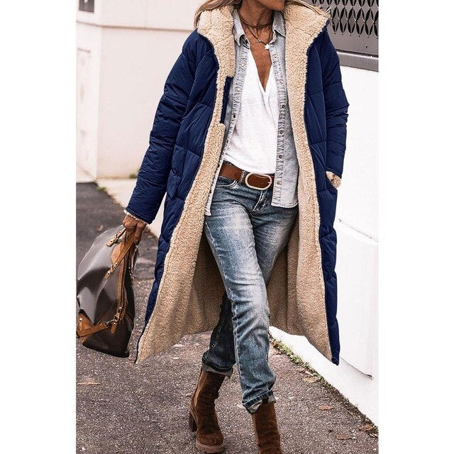 Long Sherpa-Lined Winter Puffer Jacket with Detachable Hood | Perfect for Cold Months - Navy