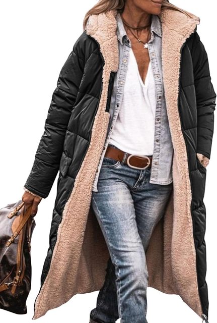 Long Sherpa-Lined Winter Puffer Jacket with Detachable Hood | Perfect for Cold Months - Black