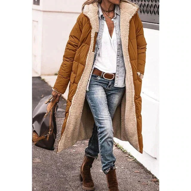 Long Sherpa-Lined Winter Puffer Jacket with Detachable Hood | Perfect for Cold Months - Foxtrot Brown