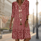 Elegant Women's Dress with Flattering Fit and 3/4 Sleeves | Perfect for Autumn - Red