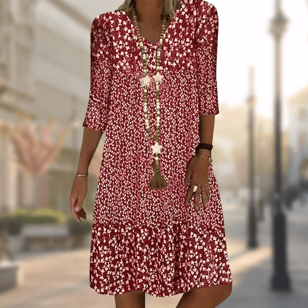 Elegant Women's Dress with Flattering Fit and 3/4 Sleeves | Perfect for Autumn - Red