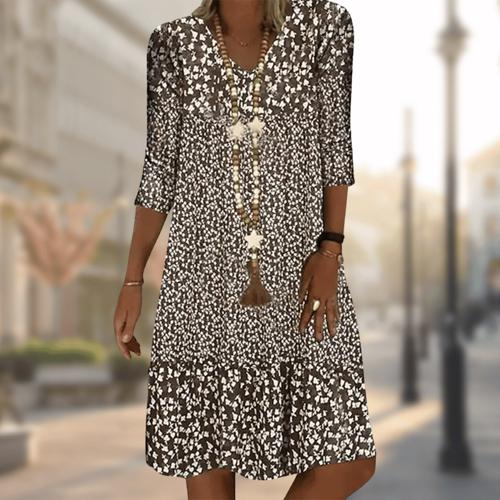 Elegant Women's Dress with Flattering Fit and 3/4 Sleeves | Perfect for Autumn - Brown