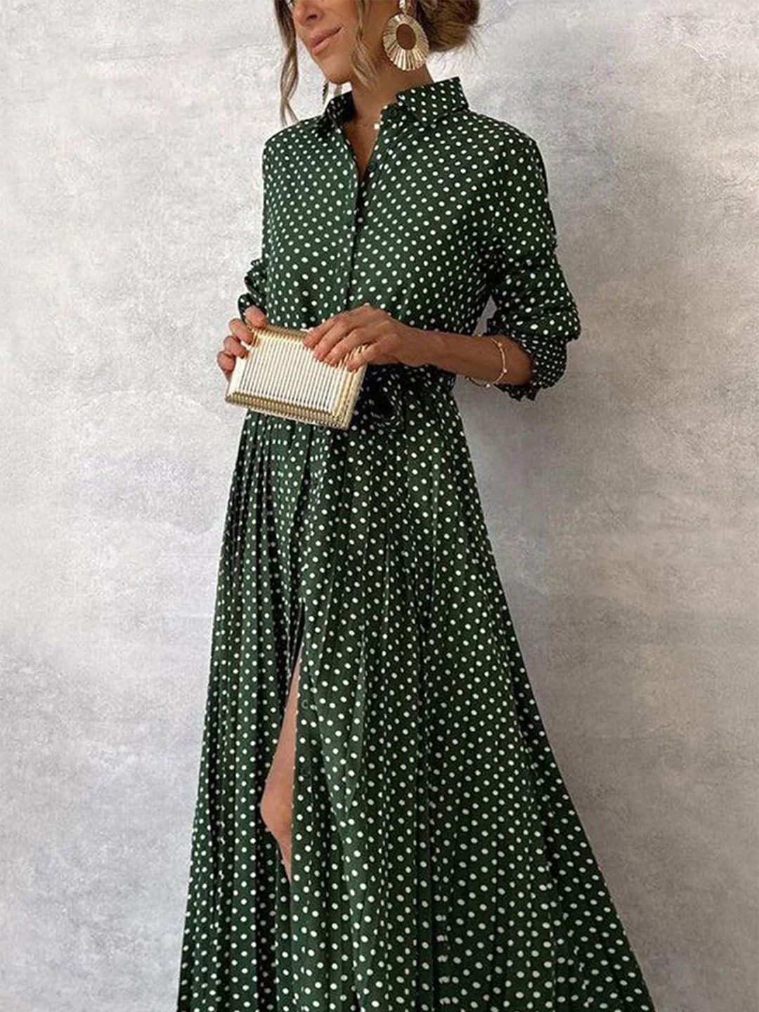 Green Polka Dot Maxi Dress with Shirt Collar and Flared Hem - Perfect for Autumn - Green