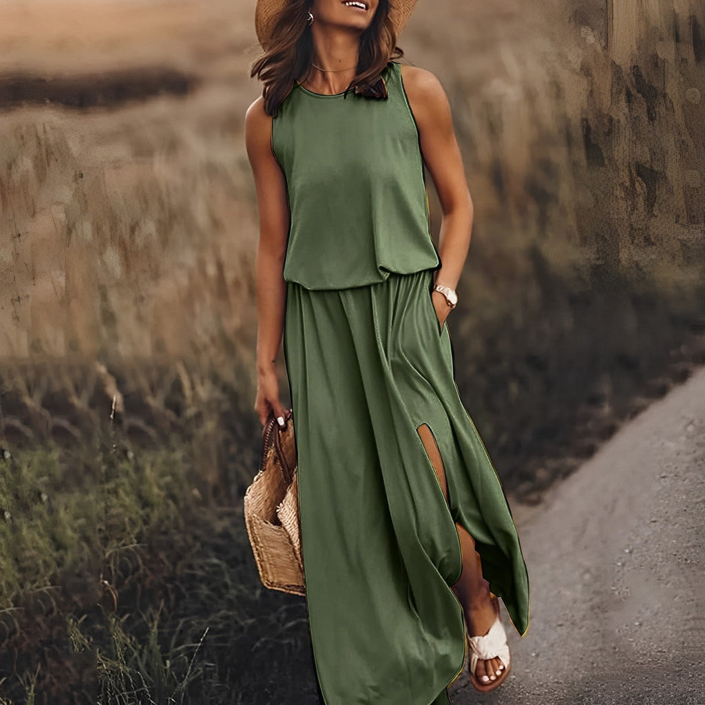 Women's Summer Maxi Dress, Sleeveless, Retro Pattern, Flowing Cut - Dark Green