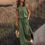 Women's Summer Maxi Dress, Sleeveless, Retro Pattern, Flowing Cut - Dark Green