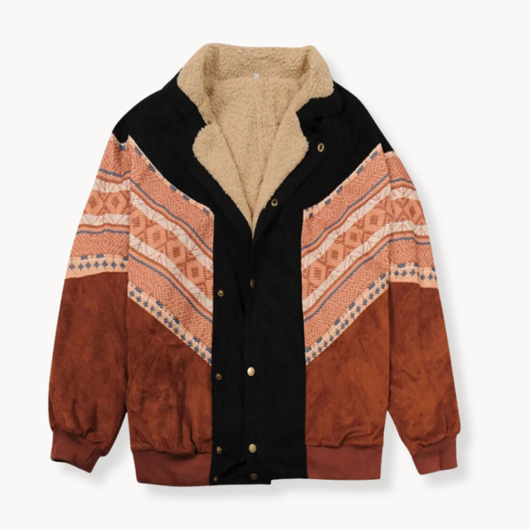 Aztec-Print Jacket with Open Front and Long Sleeves | Perfect for the Cold Winter Months - Orange
