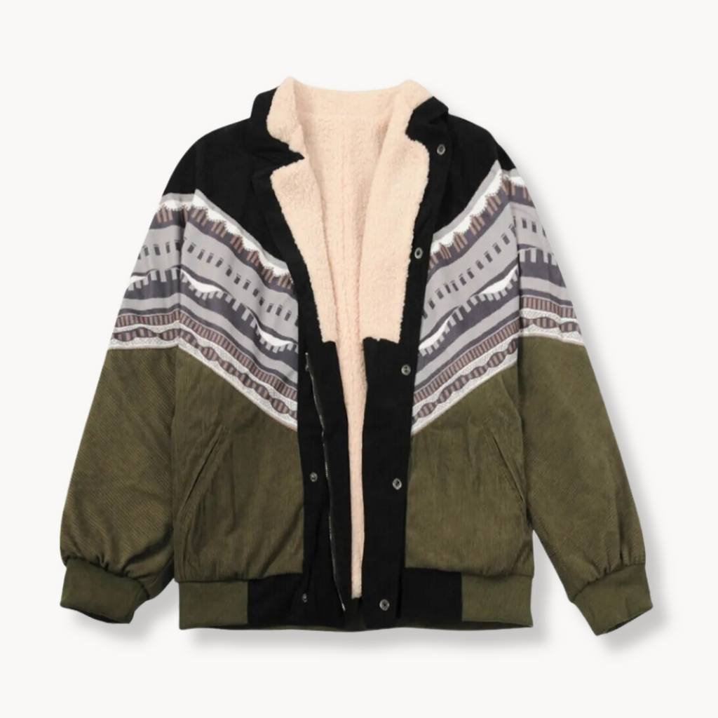 Aztec-Print Jacket with Open Front and Long Sleeves | Perfect for the Cold Winter Months - Green
