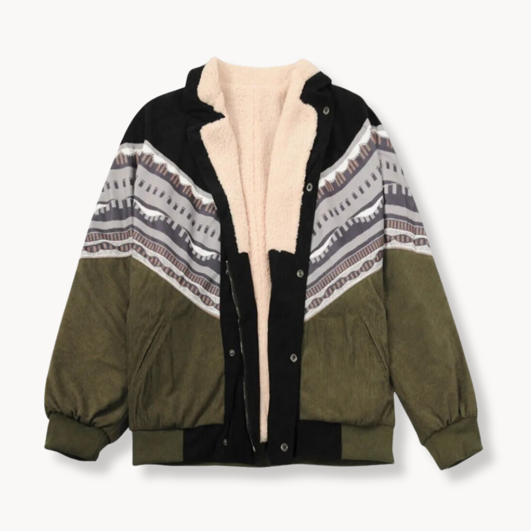 Aztec-Print Jacket with Open Front and Long Sleeves | Perfect for the Cold Winter Months - Green