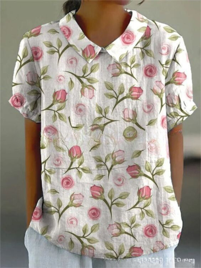 Long-Sleeve Women's Shirt with Autumn Floral Print, Lightweight Cotton, Relaxed Fit - Pink Floral