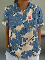Long-Sleeve Women's Shirt with Autumn Floral Print, Lightweight Cotton, Relaxed Fit - White with Blue Flowers