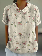 Long-Sleeve Women's Shirt with Autumn Floral Print, Lightweight Cotton, Relaxed Fit - Apricot