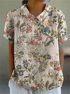 Long-Sleeve Women's Shirt with Autumn Floral Print, Lightweight Cotton, Relaxed Fit - Gray