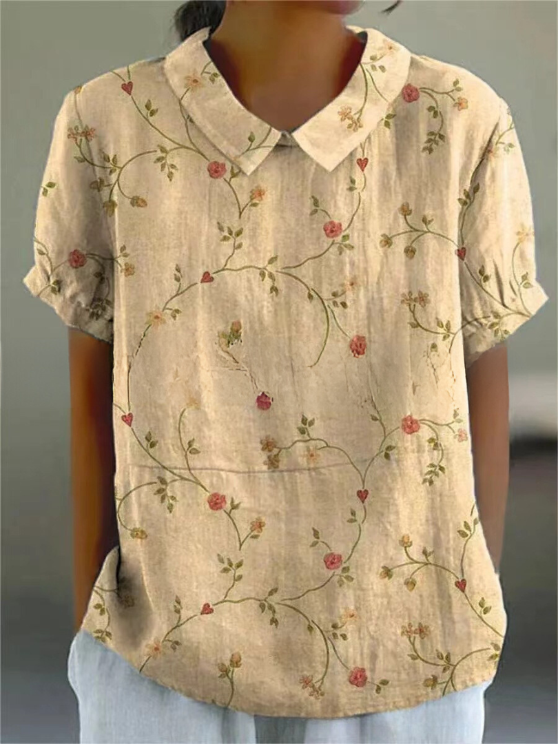 Long-Sleeve Women's Shirt with Autumn Floral Print, Lightweight Cotton, Relaxed Fit - Antique Yellow