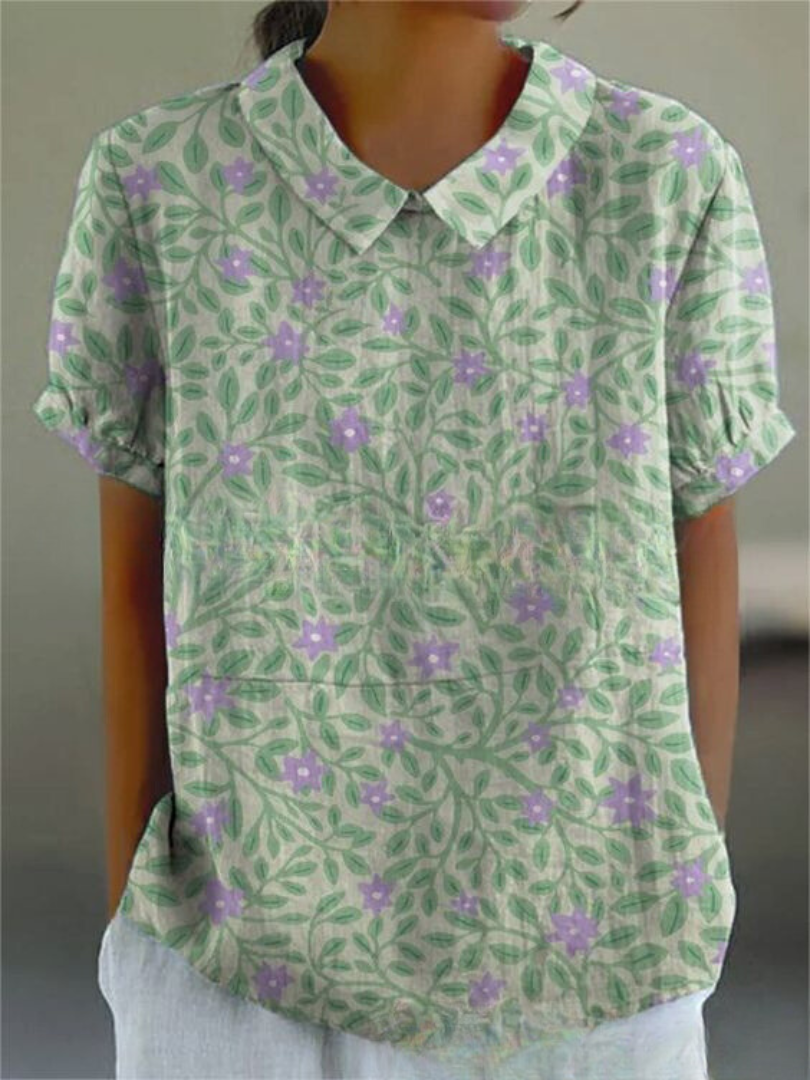 Long-Sleeve Women's Shirt with Autumn Floral Print, Lightweight Cotton, Relaxed Fit - Green Floral Print
