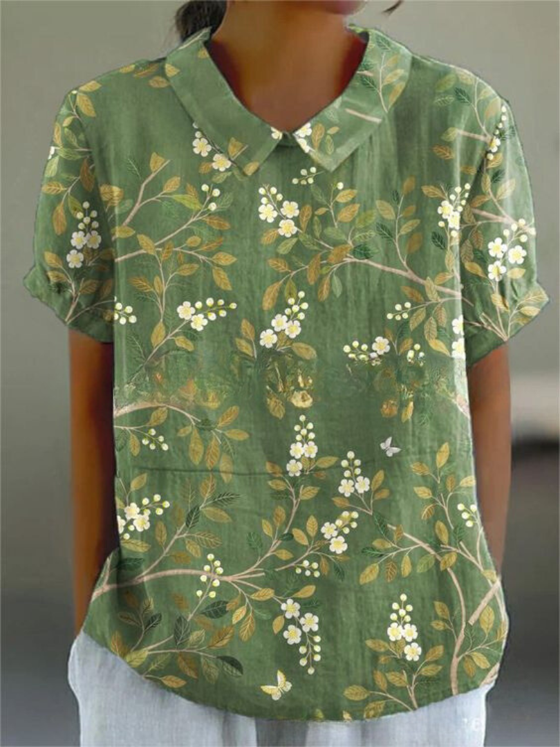 Long-Sleeve Women's Shirt with Autumn Floral Print, Lightweight Cotton, Relaxed Fit - Green 2