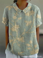 Long-Sleeve Women's Shirt with Autumn Floral Print, Lightweight Cotton, Relaxed Fit - Green-Yellow