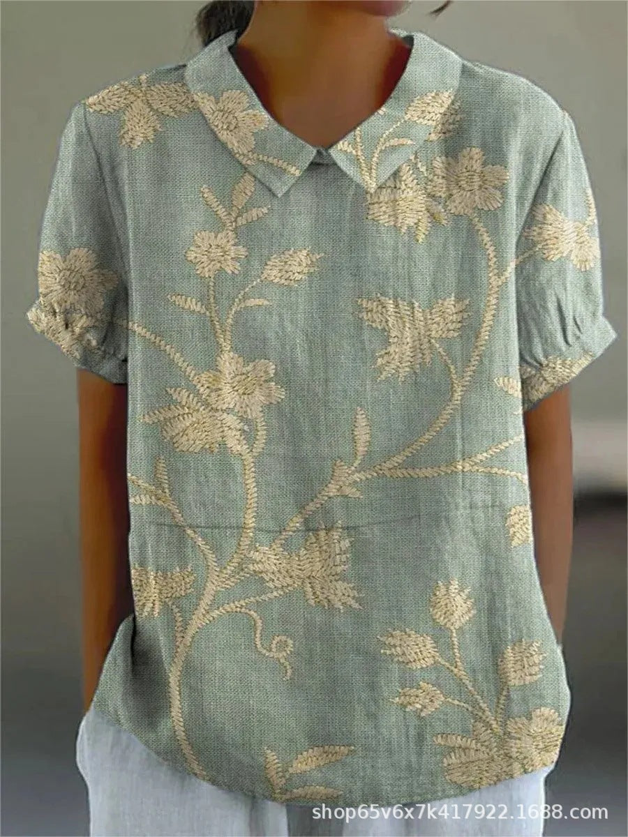 Long-Sleeve Women's Shirt with Autumn Floral Print, Lightweight Cotton, Relaxed Fit - Green-Yellow