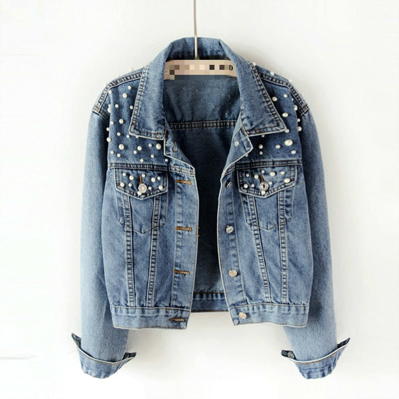 Schicke Oversize-Jeansjacke für Damen mit Perlenbesatz – lässig & stylisch