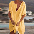 Women's Summer Dress with Flared Cut, Short Sleeves, Cotton-Linen - Yellow